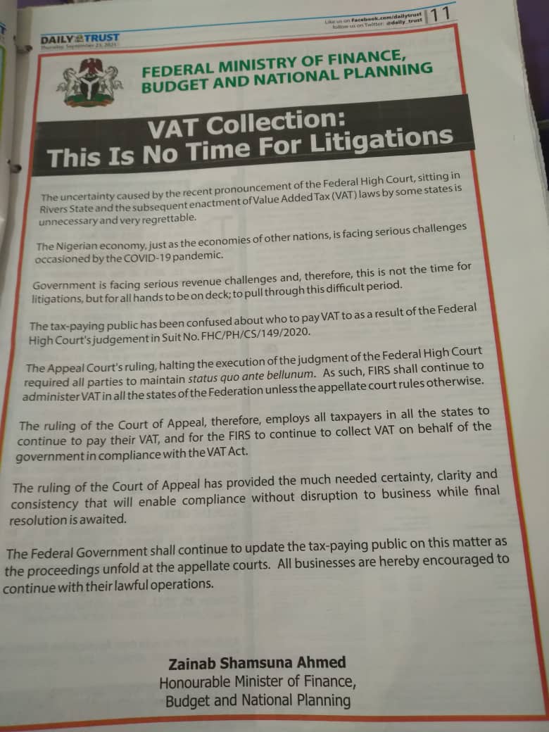 Nigerian Government wants VAT paid to FIRS pending court’s decision